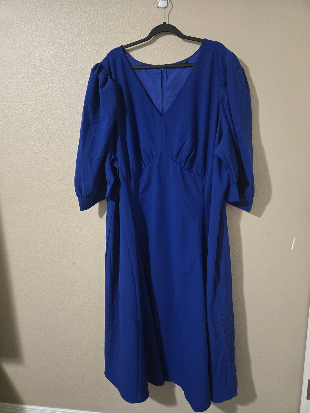 eShakti Blue V-Neck Plus Size 4xl Midi Dress with Puff Sleeves.